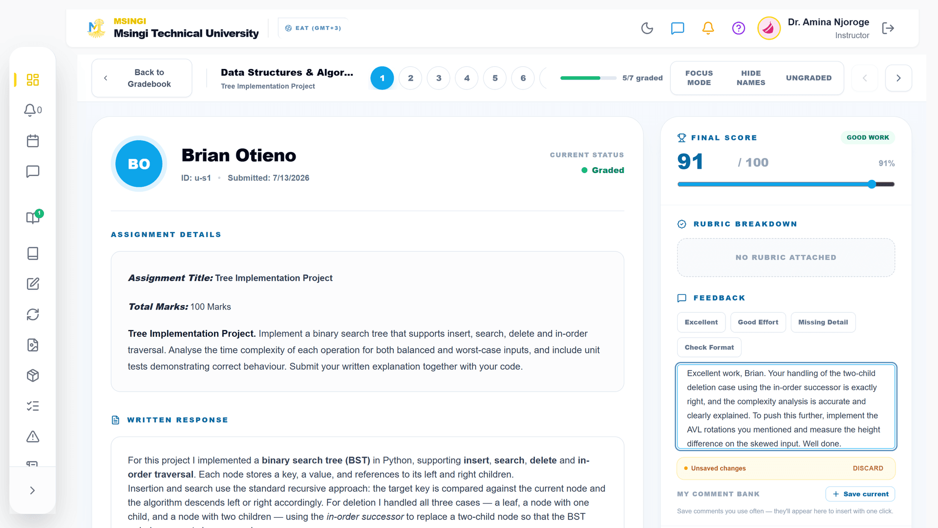 Msingi LMS SpeedGrader interface showing AI-assisted grading for a Kenyan technical university